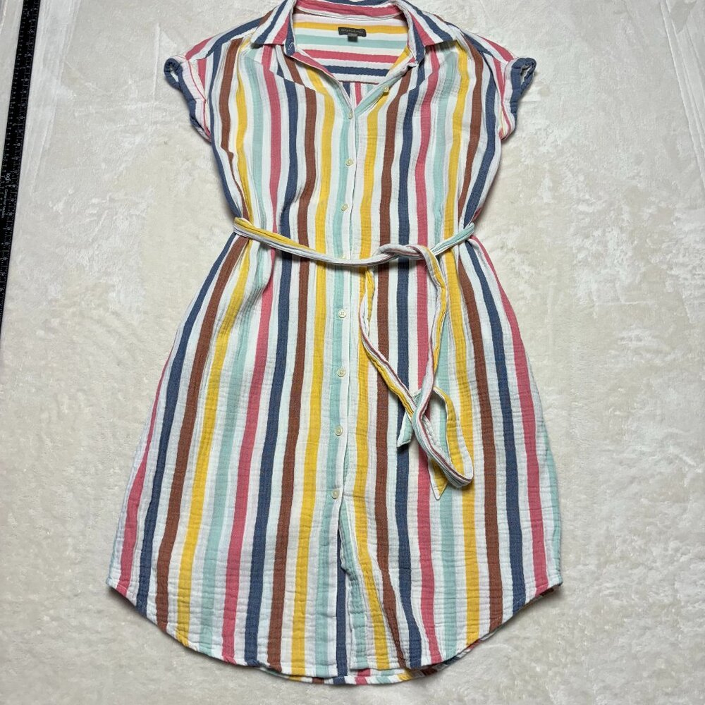Womens Striped Cotton Gauze Short Sleeve Shirt Dress Size‎ Large Petite Rainbow